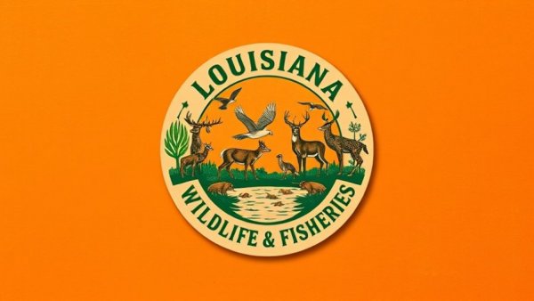 Louisiana Fishing emblem with wildlife on orange background.
