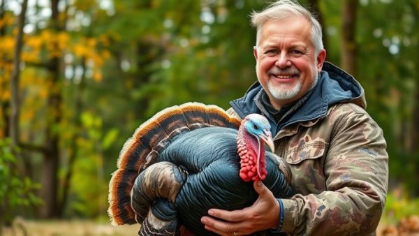 Middle-aged man outdoors holding a turkey, nature background.
