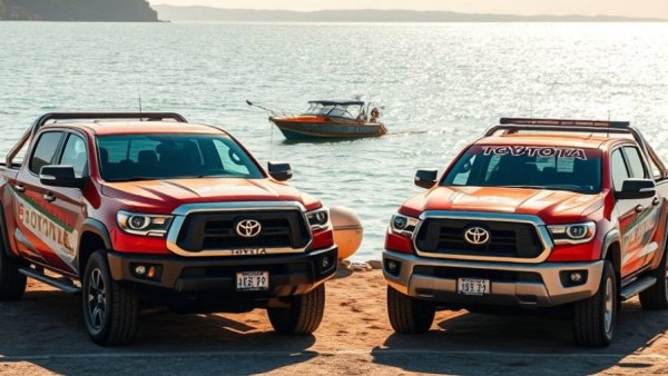 Toyota trucks near lake with fishing boat, Fishing News event.