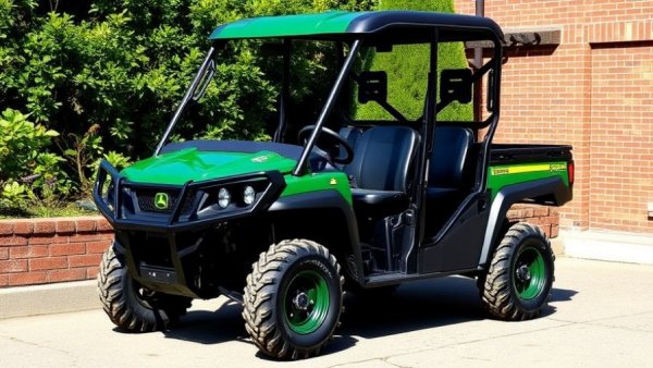 John Deere Gator XUV855M S4 A/C Cab parked by garden wall