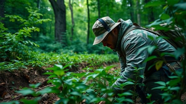 Spring chores in the deer woods, tending plants.