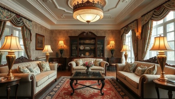 Elegant Victorian-style living room with plush furniture.