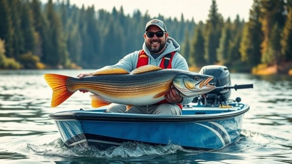 Fishing tournaments action scene with angler displaying catch on a boat.