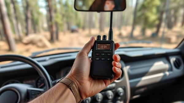 Hand holding Midland MXT105 radio in vehicle dashboard, forest background.