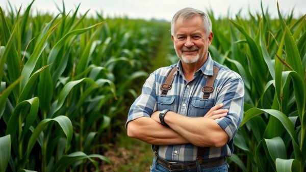 Confident farmer promoting 'The 7 Bio-Graces for Farmers' in a cornfield.