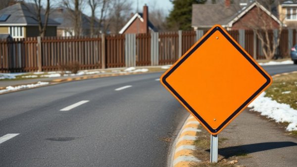 Orange warning sign on street with snow; winter garden planning context.
