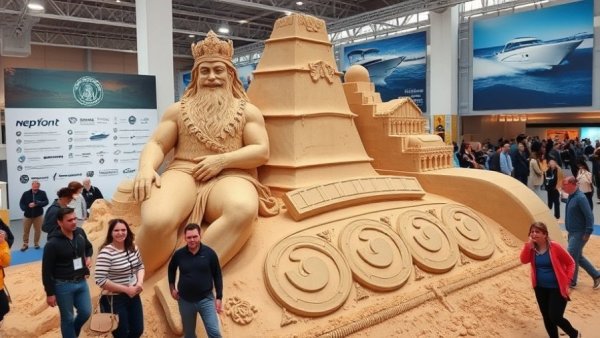 2026 Atlantic City Boat Show attendees with large Neptune sand sculpture.