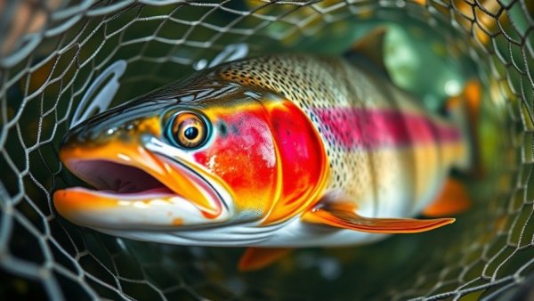 Close-up of trout in a fishing net underwater, showcasing vivid markings.