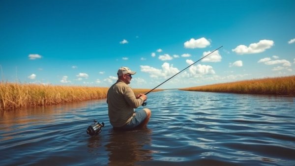 Fisherman casting in Louisiana river marshland
