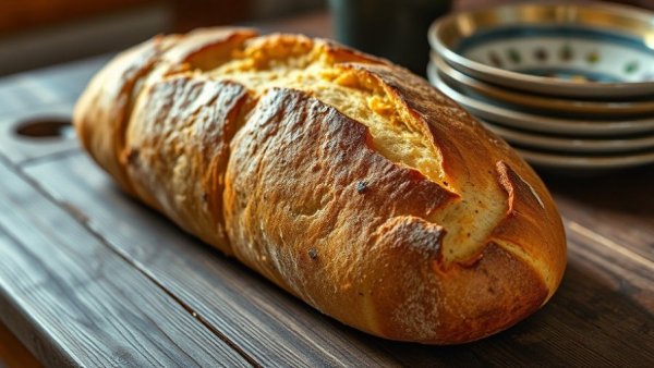 Freshly baked bread loaf on table with vintage plates, warm lighting.