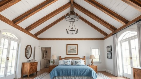 Farm bedroom with decorative ceiling treatment and blue accents