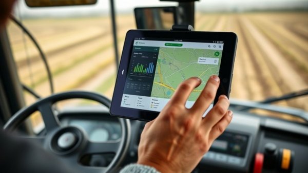 Tablet showing precision farming GPS on vehicle dashboard, hand interaction.