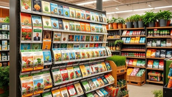 Seed packets on display in a store for choosing seeds early for gardening.