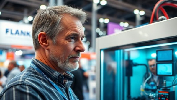 Mature male observing automated chemical mixing system at expo