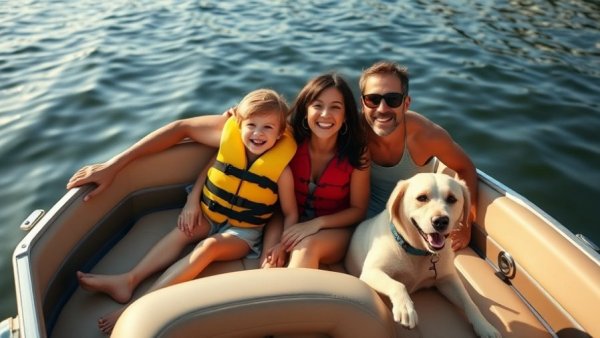 Smiling family and dog on pontoon boat, K9s For Warriors supporter log