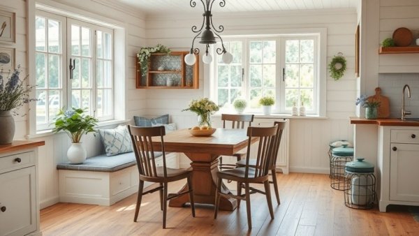 Farm home decoration ideas in a cozy dining nook with blue floral design.