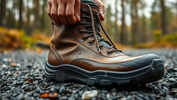 Heavy-duty wading boot with water droplets and a person adjusting it on gravel.