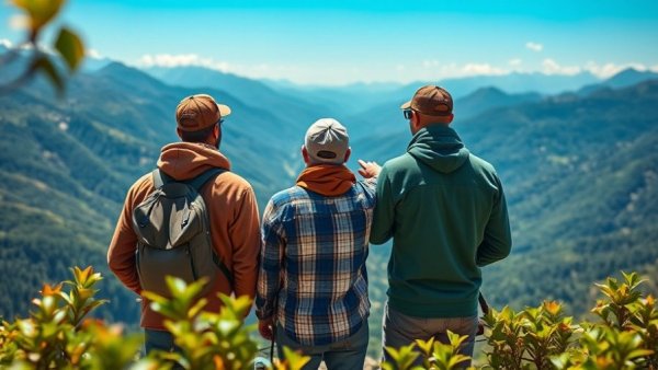Three friends with fishing gear admire mountain view, showcasing friendships formed through fishing.