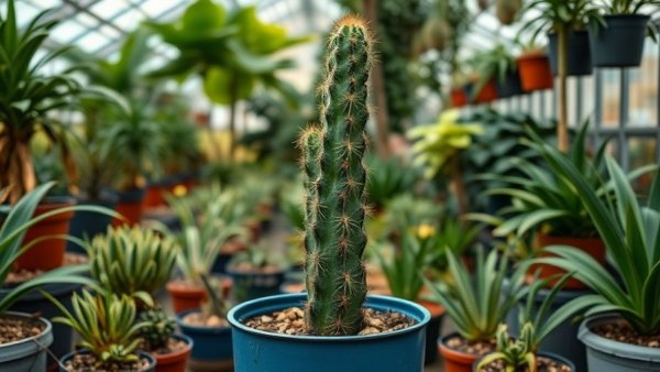 Cactus in greenhouse with blue pot, highlighting cactus care schedule.