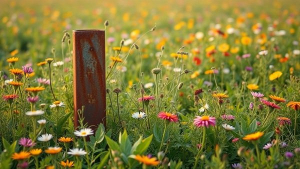 Wild field with dense foliage around metal post, new weed control tool for ranchers concept.