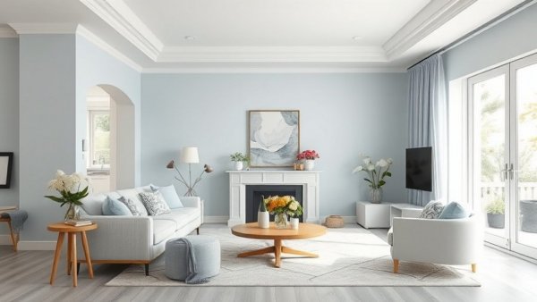 Elegant pale blue living room with soft decor and natural light.