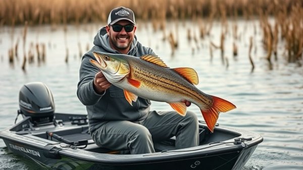 Angler holding a fish during fishing tournament on branded boat.