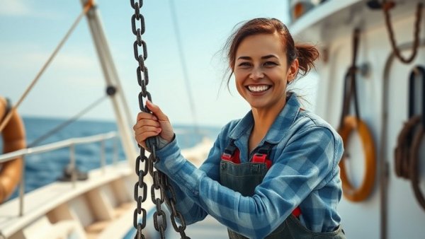 Woman on fishing boat handling chains with a smile, clear sky.