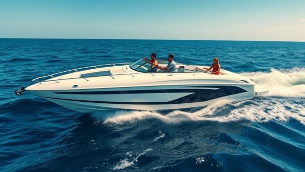 Modern diesel I/O advantages depicted by a sleek powerboat at sea.