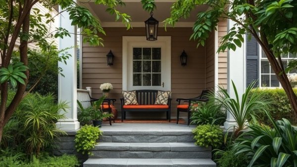 Charming suburban porch with lush greenery, porch decorating ideas.