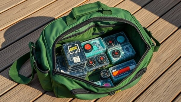 Fishing bags and tackle backpacks: open green bag with tackle boxes on wooden deck.