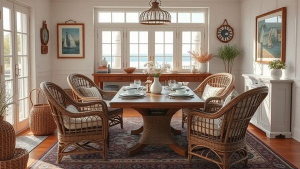 Cozy coastal dining room with wicker furniture and soft lighting.