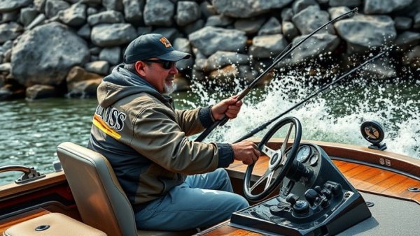 Angler in professional bass boat during a fishing tournament with rocky shoreline.
