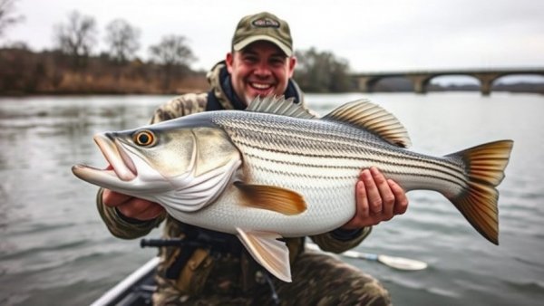Spring striper fishing in New Jersey with a largemouth bass catch near a bridge.