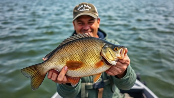 Fisherman holding a large bluegill by the lake