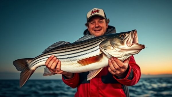 Fisherman displays a striped bass caught using lures