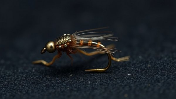 Close-up of Prince Nymph fly for trout fishing with metallic head.