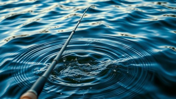 Fishing rod casting over dynamic water ripples, highlighting Louisiana fishing regulations.