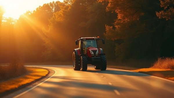 Tractor driving on a country road at sunset reflecting Mahindra Ends Mitsubishi Tractor Joint Venture.