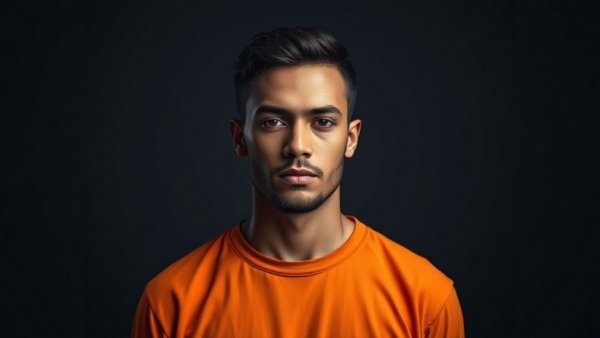 Man in orange outfit depicted in neutral pose.