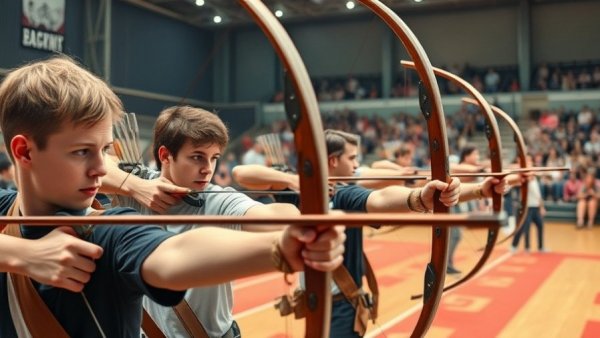 Archers aiming in an indoor arena during a competition.