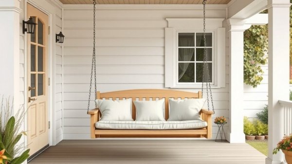 Charming beige porch swing on a covered porch with white walls.