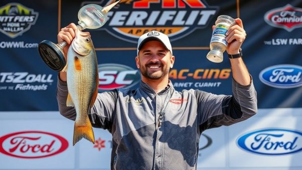 Fishing tournament winner holding trophy in front of sponsor display.
