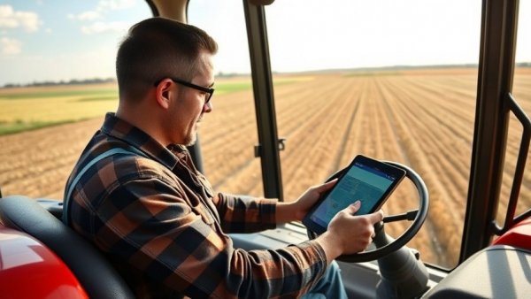Man using tablet for precision farming in tractor.
