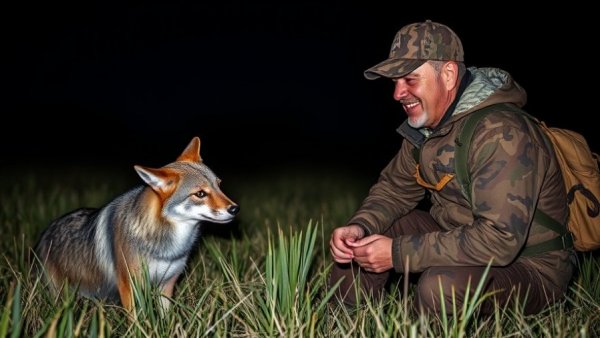 Camo-clad hunter with coyote at night, Michigan coyote hunting regulations.