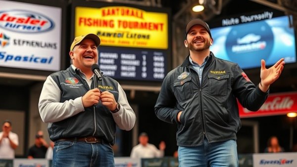 Fishing tournament award ceremony with two smiling men on stage.