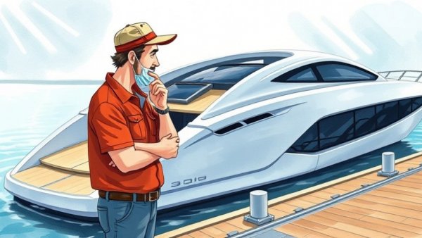 Cartoon of men examining sleek boat design at dock, reflecting boat design trends.