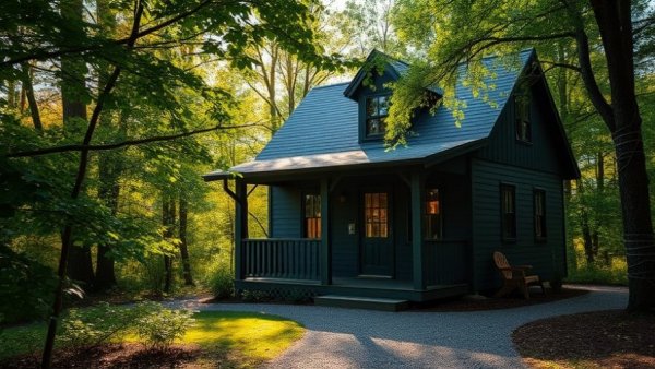 Charming dark green cottage in Sherwood Forest, surrounded by greenery.