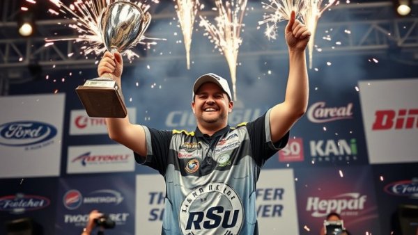 Triumphant winner at fishing tournament holding trophy, sparklers.