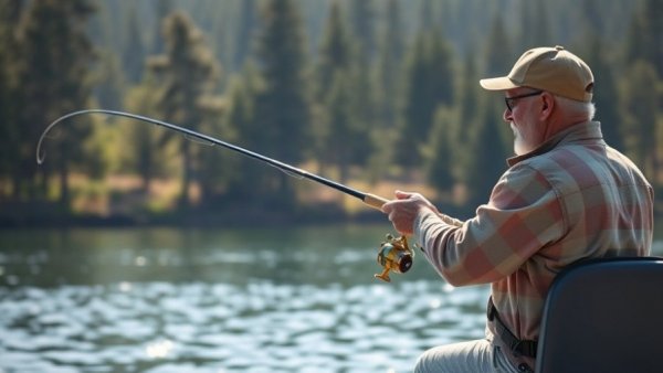 Middle-aged man fishing in a tournament on a lake by pine trees.