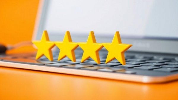 Yellow stars next to a keyboard representing online reviews for Reputation Management for Boat Dealers.